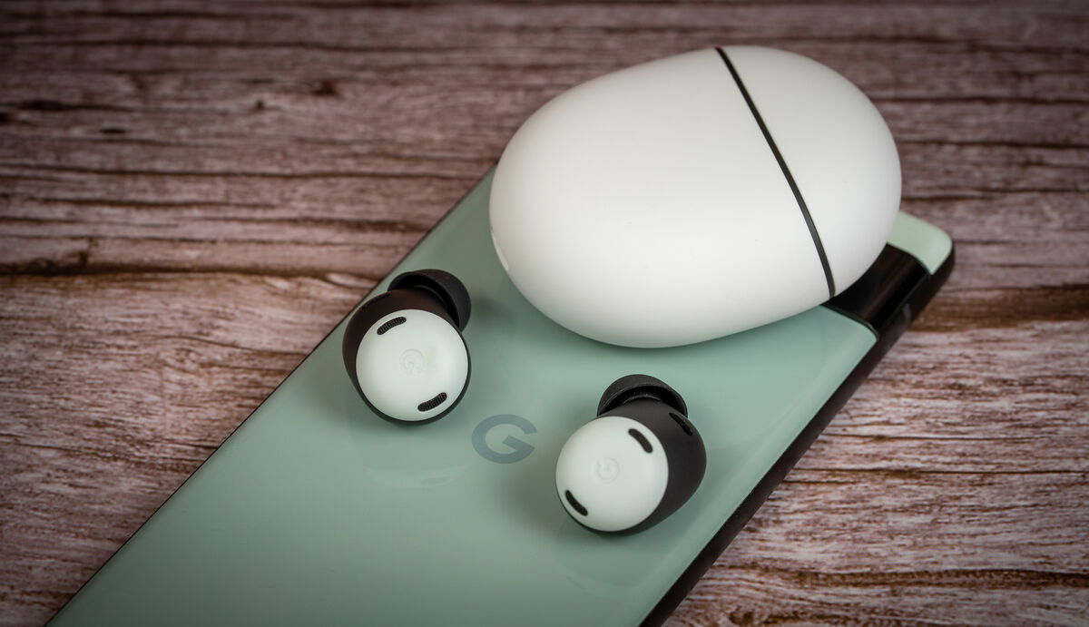 Google Pixel Buds Pro on top of Pixel 6a. Picture: Noel Campion.