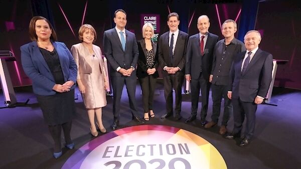 Sinn Fein leader Mary Lou McDonald, Social Democrats joint leader Roisin Shortall, Fine Gael leader, Taoiseach Leo Varadkar, host RTE's Claire Byrne, Green Party leader Eamon Ryan, Fianna Fail leader Micheal Martin, Solidarity People Before Profit politician Richard Boyd Barrett and Irish Labour Party leader Brendan Howlin, as they take to the stage for the seven way RTÉ leaders debate at NUIG. Photo: Niall Carson/PA.