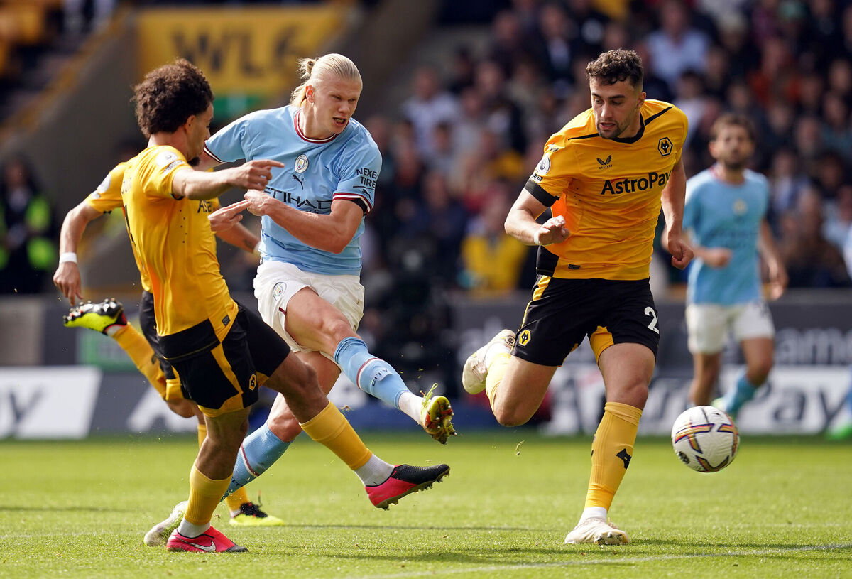 ON SONG: Manchester City's Erling Haaland shoots despite pressure. Picture: Nick Potts/PA Wire.