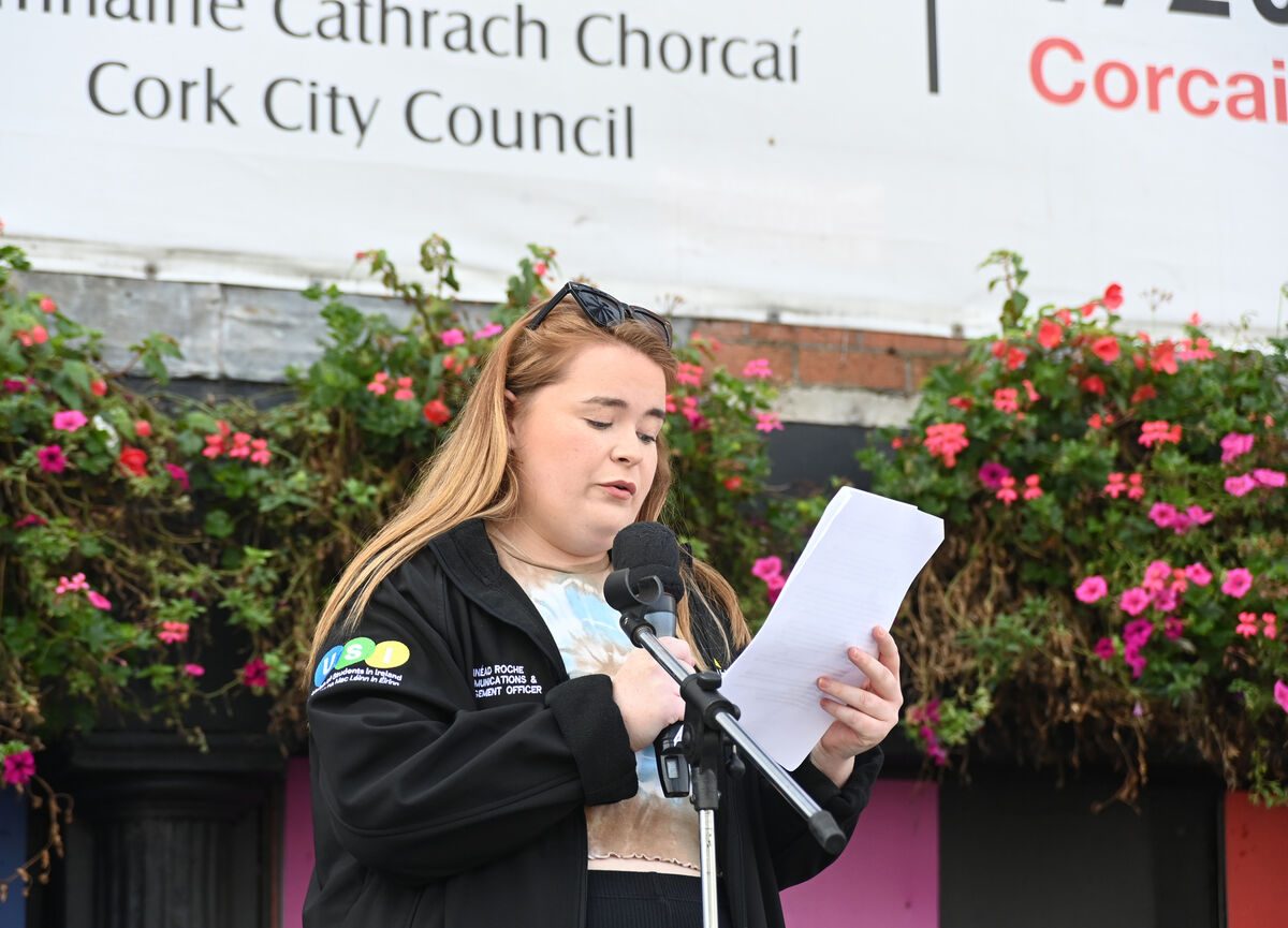Sinead Roche, UCC student union, speaking at the protest Picture: Larry Cummins Sinead Roche, UCC student union, speaking at the protest Picture: Larry Cummins