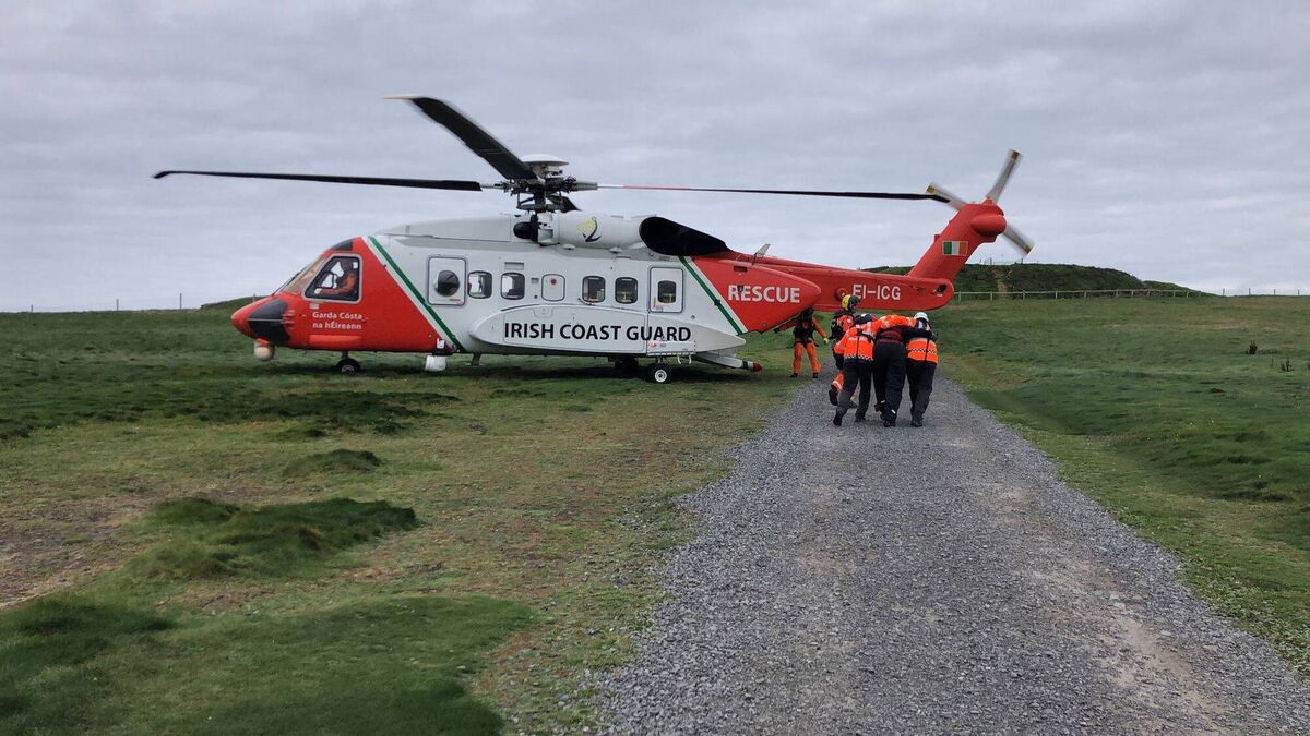 A major rescue operation had been ongoing to save the man who was caught by rising waters yesterday and swept into the cave in the Downpatrick Head area. Picture: Department of Transport
