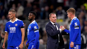 <p>FOX HOLE: Leicester City manager Brendan Rodgers shakes hands with Harvey Barnes. </p>