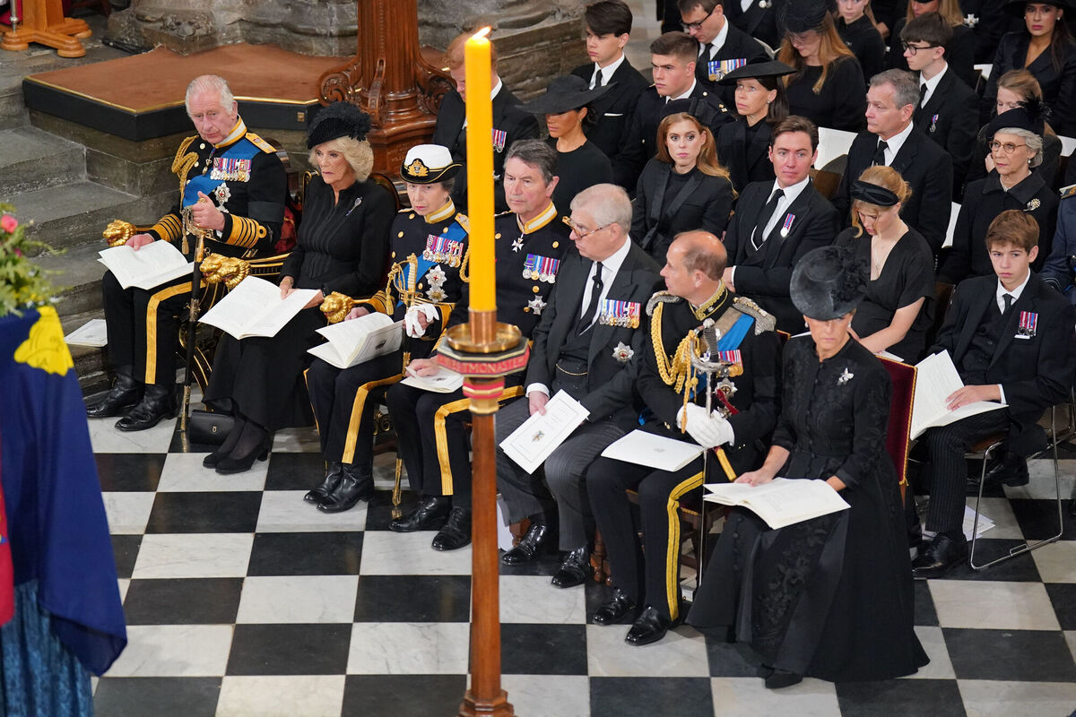 Members of the royal family, with King Charles far left, at the funeral. Picture: Dominic Lipinski/PA Wire