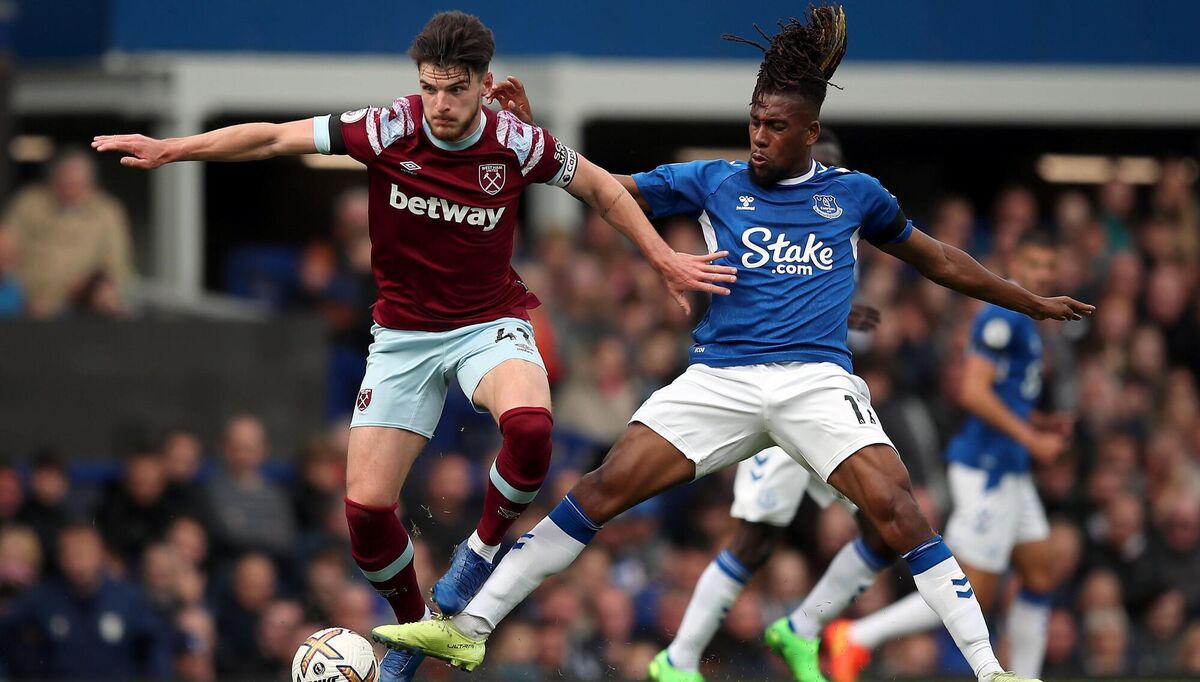 CENTRE OF ATTENTION: West Ham United's Declan Rice tussles with Everton’s Alex Iwobi. Picture: Isaac Parkin/PA Wire.