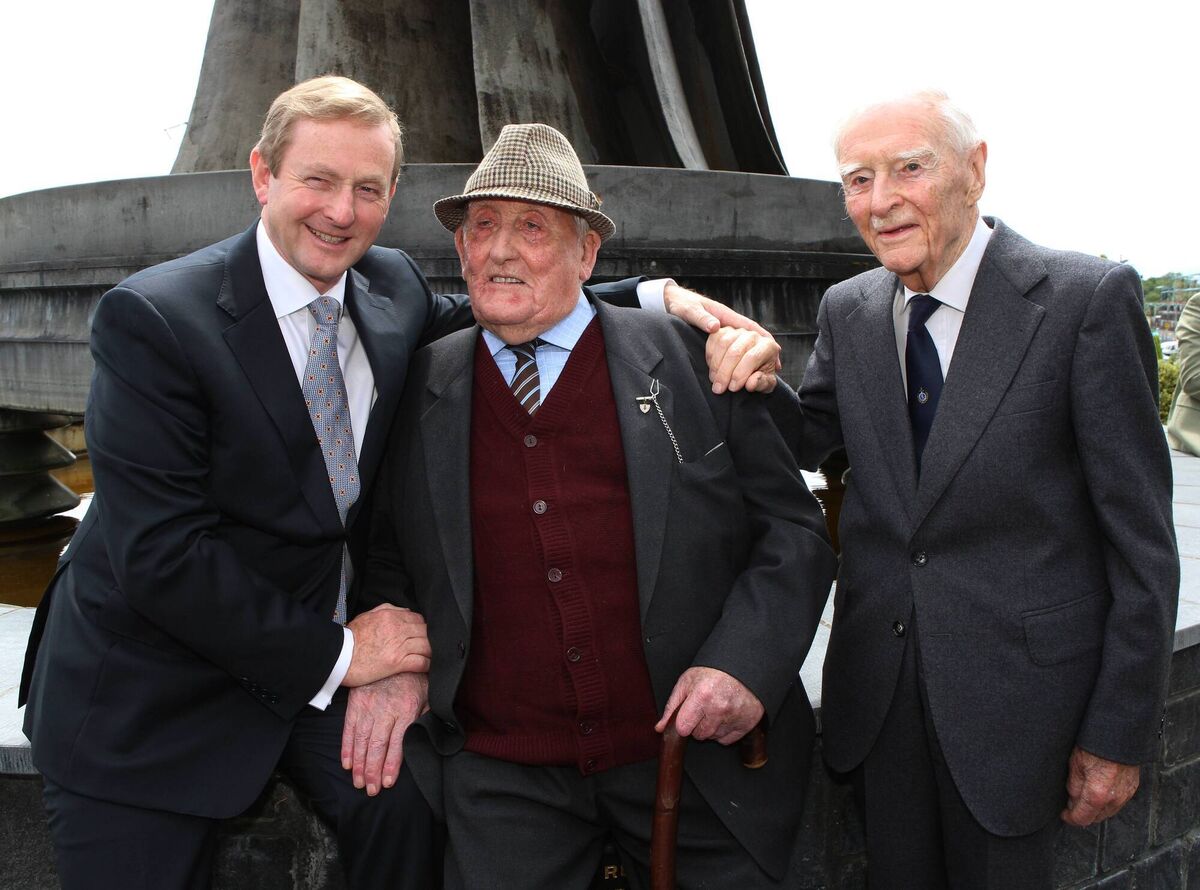 Then taoiseach Enda Kenny with Patrick 'Brud' Skehan and former taoiseach Liam Cosgrave — both of whom had attended the opening ceremony — at the 85th anniversary celebration of the ESB's Ardnacrusha Shannon Scheme project in July, 2012. Picture: Liam Burke/Press 22