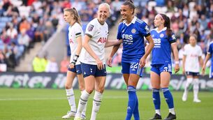 <p>SAFE HAVEN: Eveliina Summanen of Tottenham Hotspur and Ashleigh Plumptre of Leicester City react after receiving medical treatment during the FA Women's Super League match between Leicester City and Tottenham Hotspur at The King Power Stadium. Pic: Ross Kinnaird/Getty Images</p>