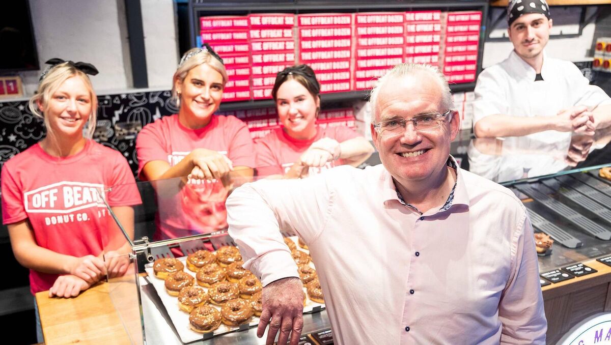 Brian O'Casey, founder, pictured with Chloe McCarthy, Alanna Dolan, Aifric O'Keeffe, and Pablo Lora Vicent, at the opening of OffBeat Donuts in Cork city. Picture: Michael O'Sullivan