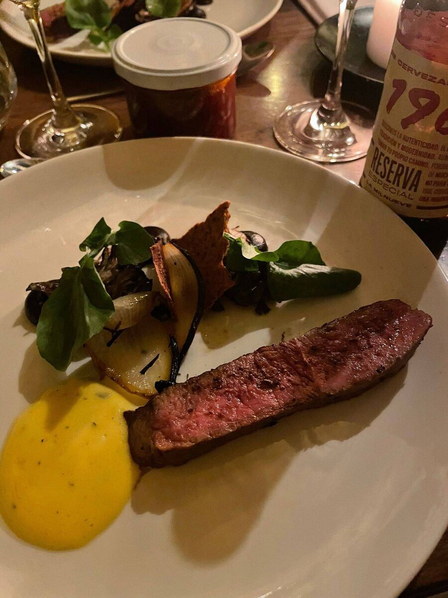 18 day dry aged Irish striploin steak, mushroom tuille and béarnaise sauce