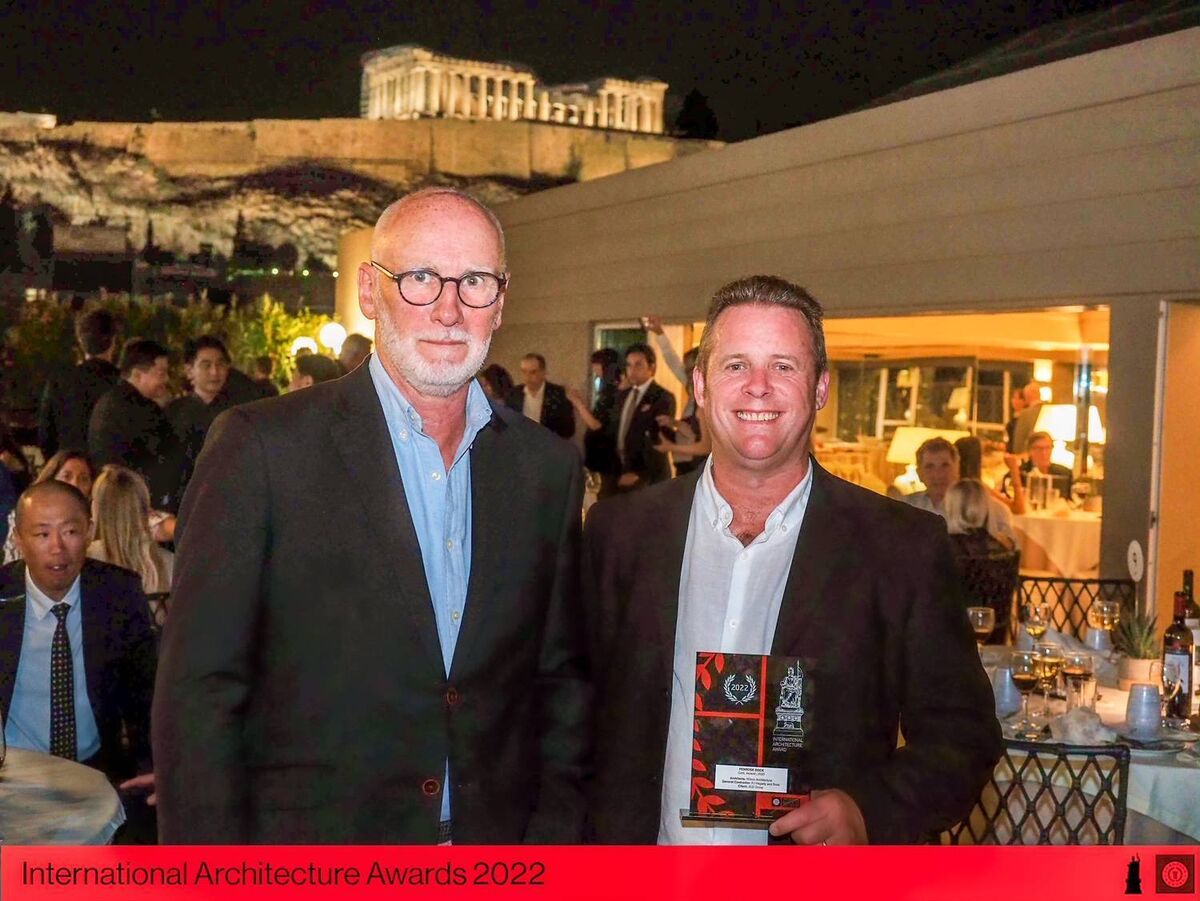 Frank O’Mahony and Peter O’Donovan of Wilson Architecture receiving a winners award at the International Architecture Awards Gala Dinner in Athens Frank O’Mahony and Peter O’Donovan of Wilson Architecture receiving a winners award at the International Architecture Awards Gala Dinner in Athens