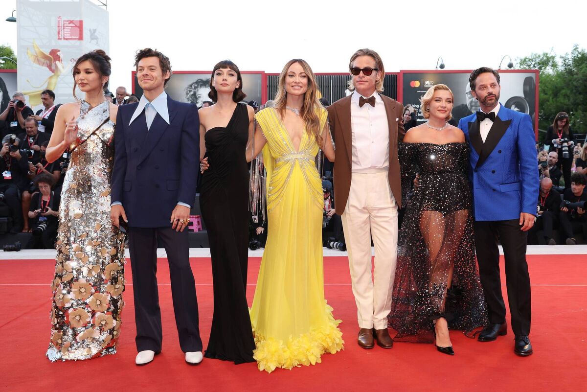 Gemma Chan, Harry Styles, Sydney Chandler, director Olivia Wilde, Chris Pine, Florence Pugh and Nick Kroll attend the "Don't Worry Darling" red carpet at the 79th Venice International Film Festival on September 05, 2022 in Venice, Italy. Picture: Vittorio Zunino Celotto/Getty Images