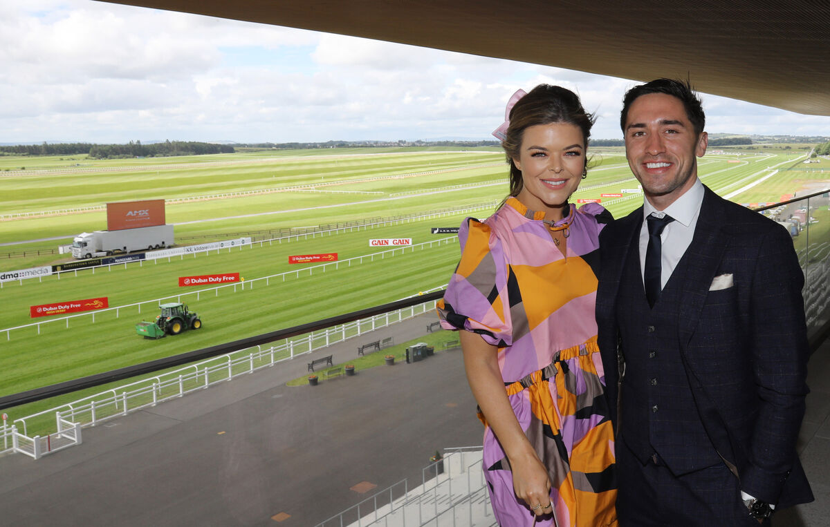 Doireann Garrihy and Greg O'Shea pictured at the Dubai Duty Free Irish Derby day at the Curragh Racecourse. Picture: Lorraine O'Sullivan