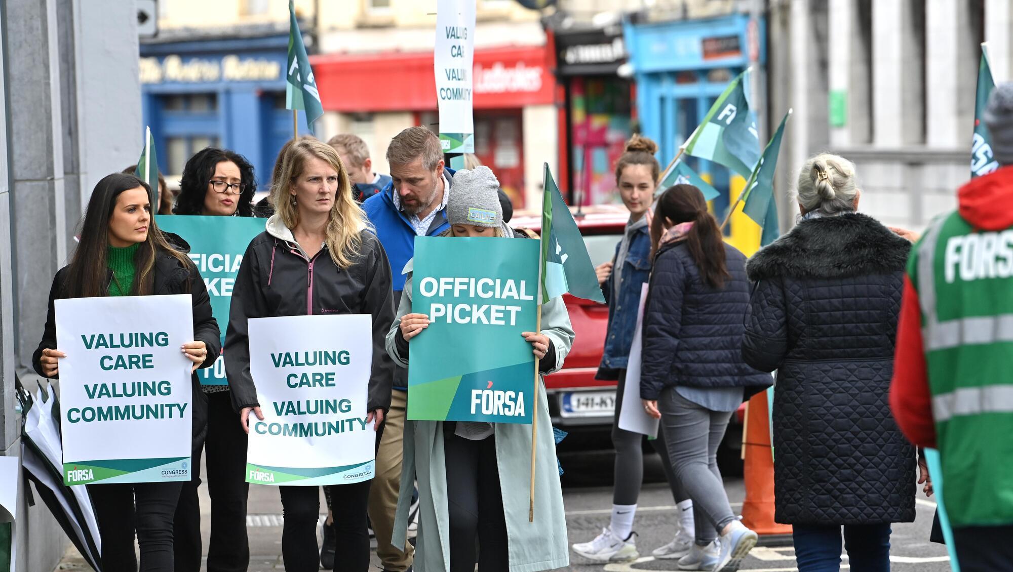 One day strike action yesterday by Fórsa members at Enable Ireland in Tralee, Co Kerry, as part of a series of three consecutive one-day strike actions in care agencies in the community and voluntary sector.