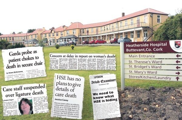 ‘Irish Examiner’ articles, dating from our front page story in July 2006 (top left) detailing the death of Hannah Comber, and subsequent articles from January 2007 (bottom left), February 2008 (top right), July 2013 (bottom right) and June this year, on the HSE report into the incident at Heatherside Hospital in Buttevant, Co Cork.