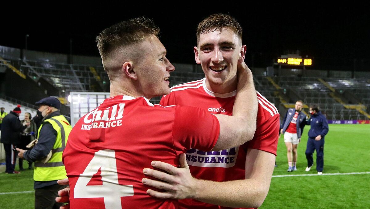 Magic moment:Cork's Kevin Flahive celebrates with game-winner Mark Keane after the 2020 Munster GAA Senior Football Championship Semi-Final. Pic: INPHO/Laszlo Geczo