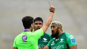 <p>SEEING RED: Bundee Aki of Connacht is shown a red card by referee Gianluca Gnecchi during the United Rugby Championship match between DHL Stormers and Connacht at Stellenbosch in South Africa. Photo by Ashley Vlotman/Sportsfile</p>