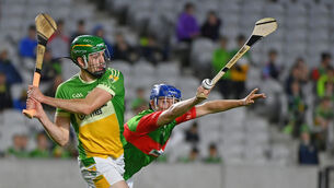 <p>Bride Rovers'  William Finnegan shoots despite the attentions of Fr. O'Neill's Ryan Kenneally during the Co-Op Superstores Cork County SAHC semi-final at Pairc Ui Chaoimh. Picture; Eddie O'Hare</p>