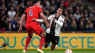 <p>CLUMSY: England's Harry Maguire fouls Germany's Jamal Musiala to concede a penalty during the UEFA Nations League match at Wembley Stadium, London. Pic: Nick Potts/PA Wire</p>