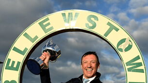 <p>Frankie Dettori shows his delight after captaining his team to victory in the Barney Curley Charity Cup, in aid of Direct Aid for Africa (DAFA), in Bellewstown. 	Picture: Harry Murphy/Sportsfile</p>