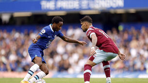 <p>TIME TO SHINE: Chelsea’s Raheem Sterling (left) and West Ham United's Lucas Paqueta battle for the ball. Pic: Steven Paston/PA Wire.</p>