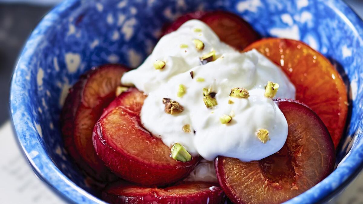 Poached pears with mascarpone and sweet seed crunch