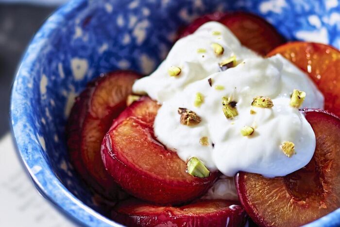 Poached pears with mascarpone and sweet seed crunch
