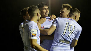<p>THE BREAKTHROUGH: Derry City's Cian Kavanagh celebrates scoring a goal with teammates. Pic: INPHO/Laszlo Geczo</p>