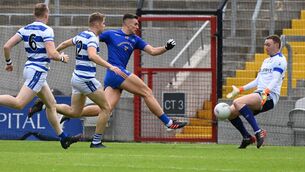 <p>POINT BLANK: St. Finbarr's Brian Hayes has his shot saved by Castlehaven's Anthony Seymour during the Bon Secours Cork Premier SFC semi-final at Pairc Ui Chaoimh. Pic: Eddie O'Hare</p>