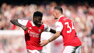 <p>REAL DEAL: Arsenal's Thomas Partey celebrates scoring their side's first goal of the game with team-mate Granit Xhaka during the Premier League match at the Emirates Stadium.</p>