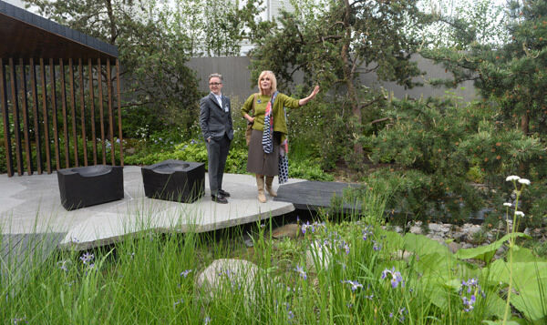 Joanna Lumley with Charlotte Harris in her Royal Bank of Canada garden.