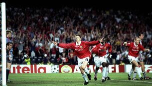 <p>Ole Gunnar Solskjaer of Manchester United celebrates his late winner during the 1999 Champions League Final against Bayern Munich at the Nou Camp in Barcelona, Spain. United scored twice in injury time to win 2-1.</p>