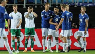 <p>ONE OF THOSE NIGHTS: Rovers’ Daniel Cleary and Lee Grace dejected after their side conceded their third goal. Pic: INPHO/Srdan Mudrinic</p>