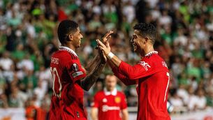<p>Marcus Rashford celebrates scoring Man Utd's third goal with Cristiano Ronaldo.</p>