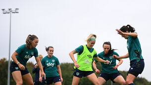 <p>GAME ON: Denise O'Sullivan with, from left, Katie McCabe, Roma McLaughlin, Áine O'Gorman and Niamh Fahey during a Republic of Ireland Women training session at the FAI National Training Centre in Abbotstown, Dublin. Pic: Stephen McCarthy/Sportsfile</p>