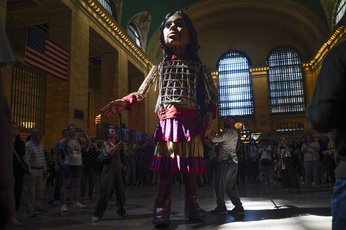 Little Amal walks around Grand Central Station in New York. Picture: AP Photo/Seth Wenig