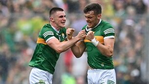 <p>BROTHERS IN ARMS: David Clifford, right, and Seán O'Shea of Kerry celebrate after the GAA Football All-Ireland Senior Championship Final match between Kerry and Galway at Croke Park. Pic: Piaras Ó Mídheach/Sportsfile</p>