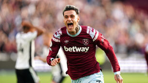 <p>IN THE GROOVE: West Ham United's Gianluca Scamacca celebrates scoring their side's second goal of the game.</p>