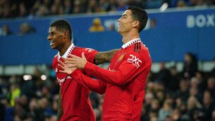 <p>700 UP: Manchester United's Cristiano Ronaldo celebrates scoring their side's second goal of the game for his 700th club goal of his career during the Premier League match at Goodison Park, Liverpool. Pic: Peter Byrne/PA Wire</p>