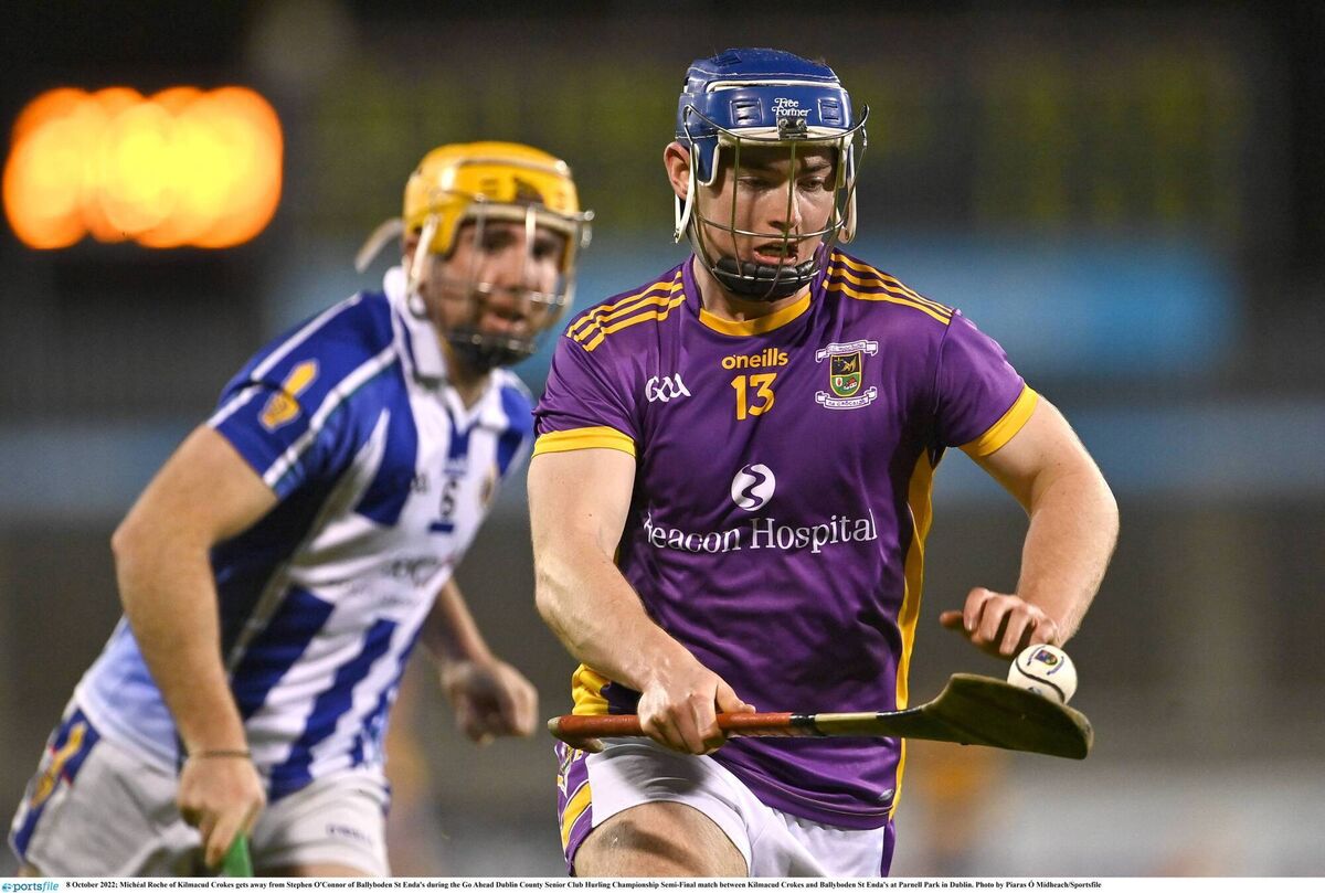 DOUBLE DREAM: Michéal Roche of Kilmacud Crokes gets away from Stephen O'Connor Parnell Park on Saturday. 