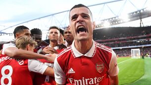 <p>HAPPY MAN: Granit Xhaka celebrates Arsenal's 3rd goal during the Premier League game between Arsenal and Liverpool at the Emirates Stadium in London, England. Pic: David Price/Arsenal FC via Getty Images</p>