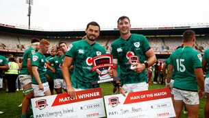 <p>CHEQUE OUT: Ireland's Max Deegan and Thomas Ahern after the Cheetahs game.  Picture: INPHO/Steve Haag</p>