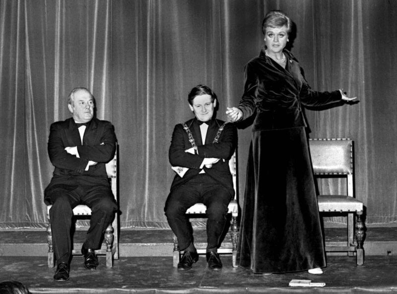 Angela Lansbury performing at the opening of the Everyman Playhouse (Fr Mathew Hall) on Fr Mathew Street, Cork, in 1972. Also in the picture are theatre stalwart Dan Donovan and Cork Lord Mayor Sean O'Leary. Picture: Irish Examiner Archive