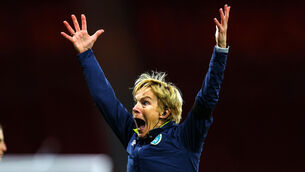 <p>ECSTACY: Ireland manager Vera Pauw celebrates her side qualifying for the World Cup. ©INPHO/Ryan Byrne</p>