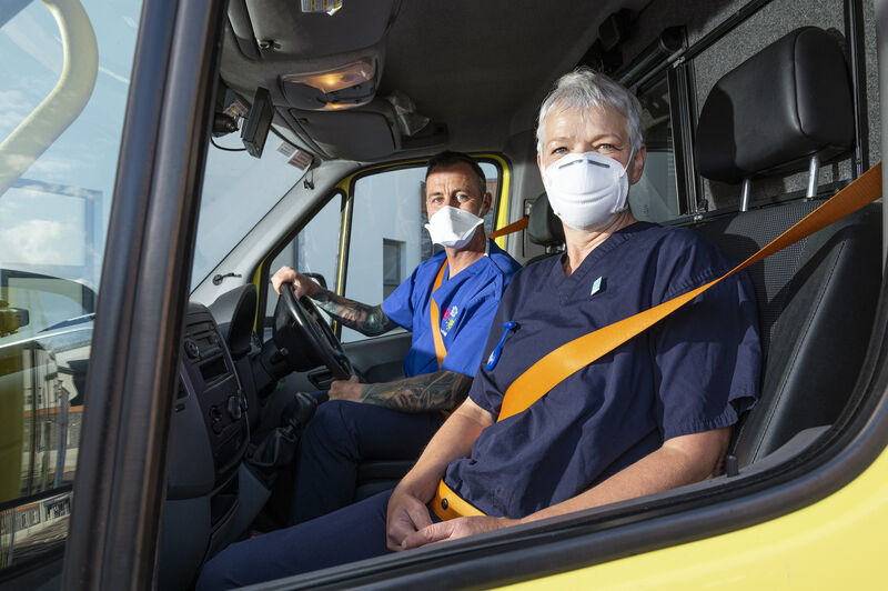 Vaccinators John O’Regan and Sally Back taking delivery of the first Covid-19 mobile vaccination unit this winter. The vehicle will initially be used to add capacity to the vaccination programme in residential care facilities, such as nursing homes, making it easier and faster for healthcare workers to get vital vaccines this winter. Photo: Gerard McCarthy
