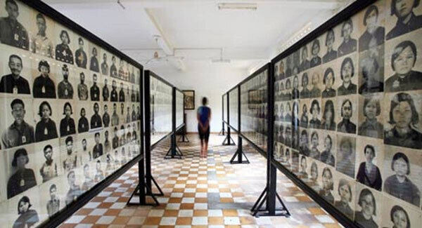 An exhibition in the Tuol Sleng Genocide Museum of portrait of the victims in the torture center in Phnom Penh, Cambodia, an example of a Museum of Memory.