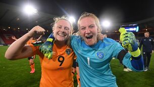 <p>SO PROUD: Amber Barrett and Ireland goalkeeper Courtney Brosnan celebrate after the World Cup play-off win over Scotland. Brosnan saved Ireland when needed most. Picture: Stephen McCarthy/Sportsfile</p>