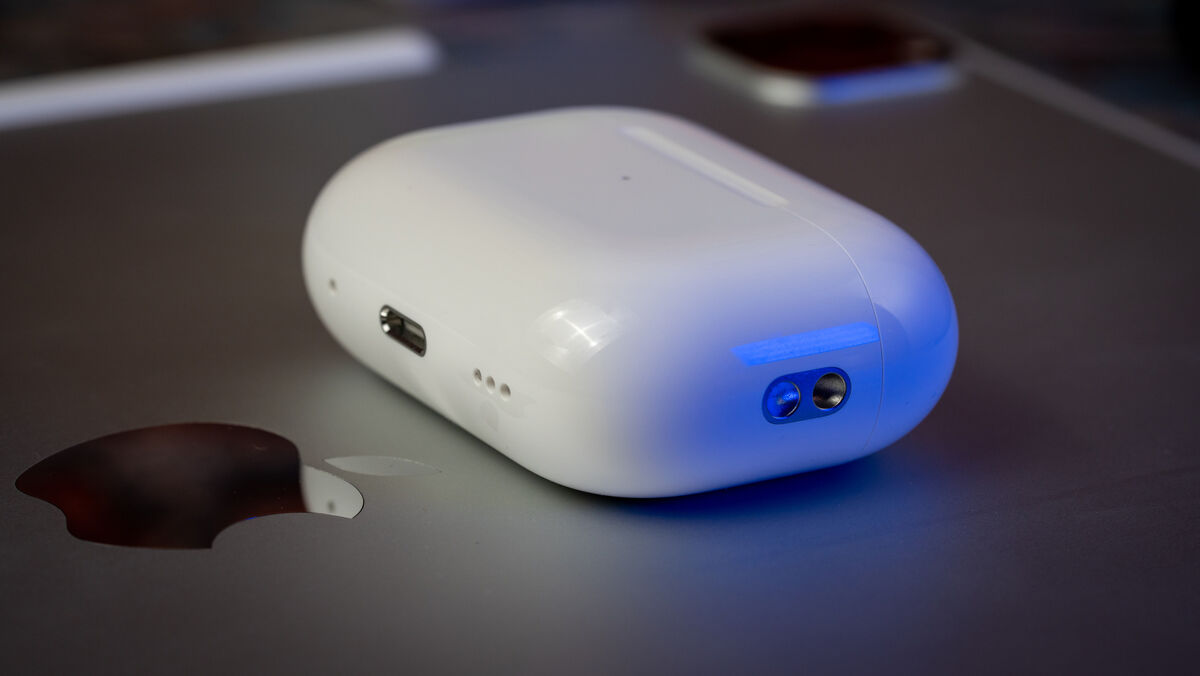 Apple AirPods Pro's new case now includes a metal piece to hook a lanyard. Picture: Noel Campion. Apple AirPods Pro's new case now includes a metal piece to hook a lanyard. Picture: Noel Campion.