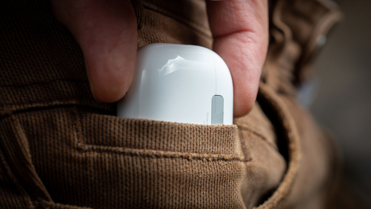 Apple AirPods Pro easily slip into small pockets. Picture: Noel Campion. Apple AirPods Pro easily slip into small pockets. Picture: Noel Campion.