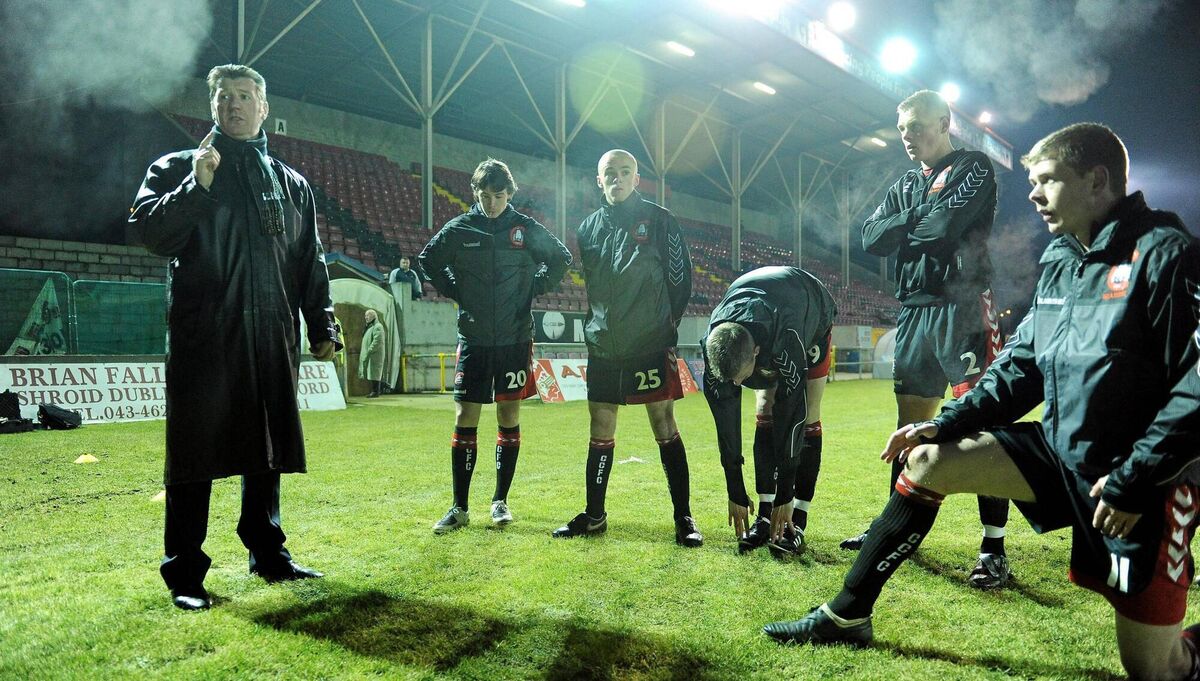 TASKMASTER: Roddy Collins with his Cork City players before the start of a pre-Season Friendly with Longford Town during his brief spell in charge of the Rebels in 2010. Pic: David Maher / SPORTSFILE