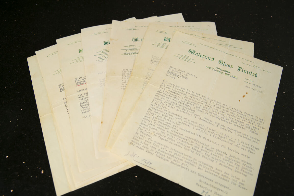 Old letters from Waterford Glass encouraging Josef to work there. Picture: Patrick Browne.