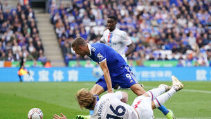 <p>Leicester City's Jamie Vardy and Crystal Palace's Joachim Andersen battle for the ball during the Premier League match at the King Power Stadium, Leicester. Picture: Tim Goode/PA Wire </p>
